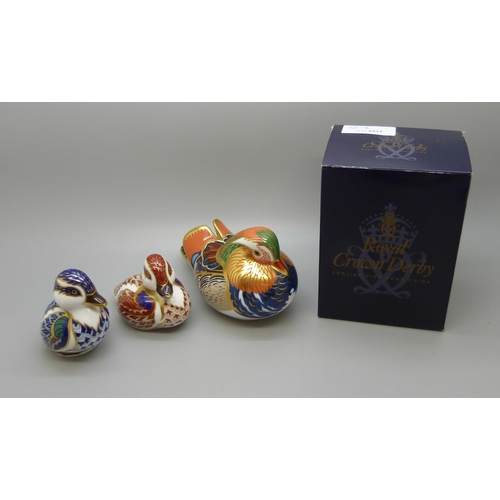657 - A Royal Crown Derby paperweight, Mandarin Duck, 12cm, gold stopper and red Royal Crown Derby stamp o... 