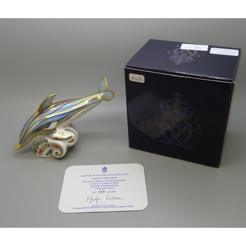659 - A Royal Crown Derby paperweight, Striped Dolphin, number 548 of a gold signature limited edition of ... 