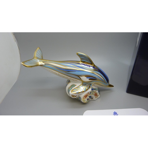 659 - A Royal Crown Derby paperweight, Striped Dolphin, number 548 of a gold signature limited edition of ... 