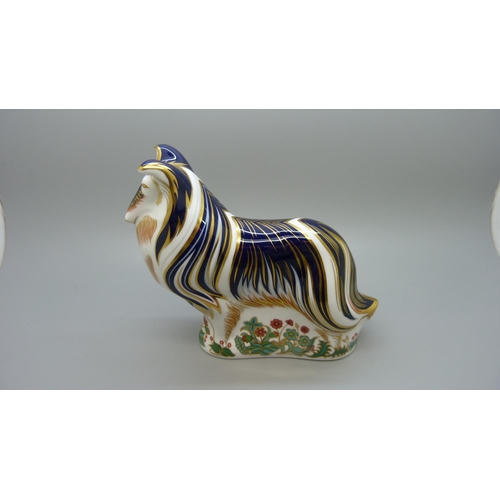 662 - A Royal Crown Derby paperweight, Rough Collie, 15cm, gold stopper and red printed marks to the base