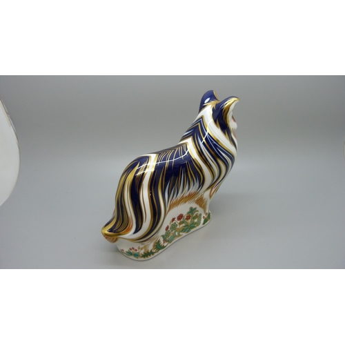 662 - A Royal Crown Derby paperweight, Rough Collie, 15cm, gold stopper and red printed marks to the base