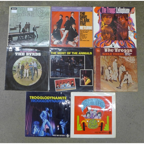 Eight 1960's LP records, Moody Blues, The Magnificent Moodies, mono LK471, XARL 6869 1A runout, The Dave Clark Five, Return, BN26104, The Byrds, Mr Tambourine Man, SBPG 62571, with flipback sleeve, The Animals, The Most of The Animals SX6035, with flipback sleeve, The Troggs, Cellophane, German release, Wild Thing, SRF67556, Trogglodynamite, POL001, flipback sleeve, POL001 1Lx1 runout and Best of The Troggs