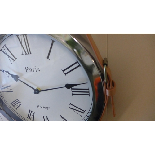 1344 - A Paris wall clock with belt strap hanger, H 57cms x 33cms (CL184112)   #