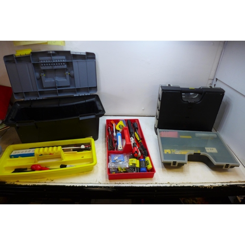 2004 - 4 Tool boxes with approx. 80-100 tools including screwdrivers, Stanley blades, allen keys and pliers