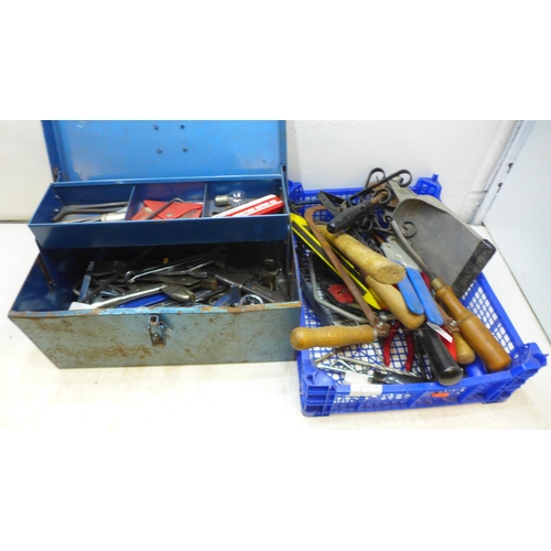 2047 - Metal tool box with approx. 40 spanners & tray of assorted hand tools