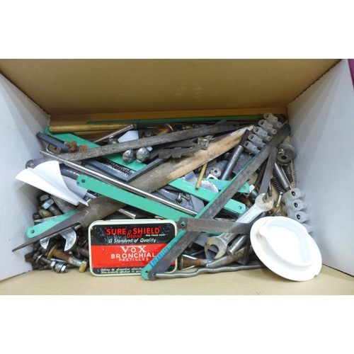 2048 - Box of vintage engineering items inc. tins of small gauge taps, dies & reamers, micrometers, caliper... 