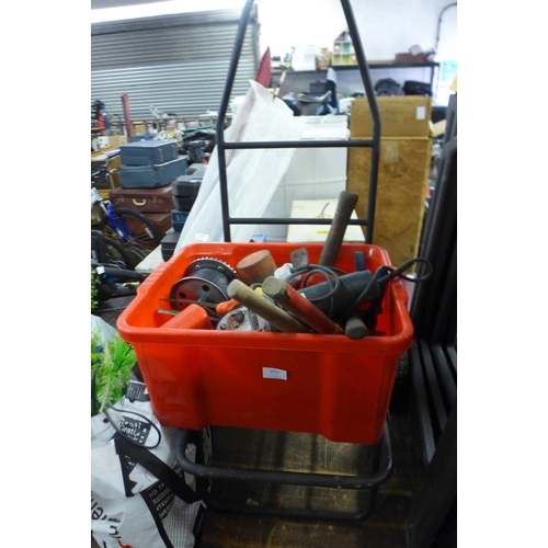 2056 - 2-Wheeled fold up trolley with blow up tyres and a red container of mixed hand tools including hamme... 
