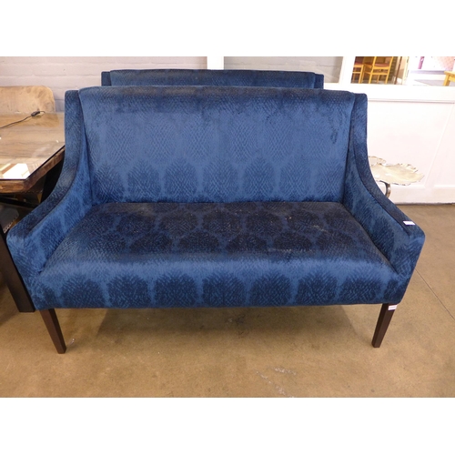 1336 - A blue patterned velvet three seater sofa/bench