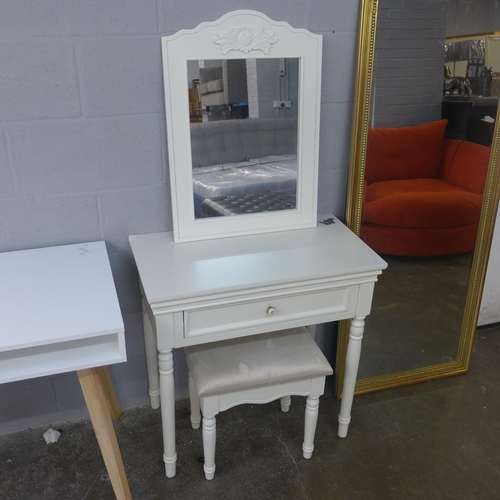1470 - A Shabby white dressing table with mirror and upholstered stool