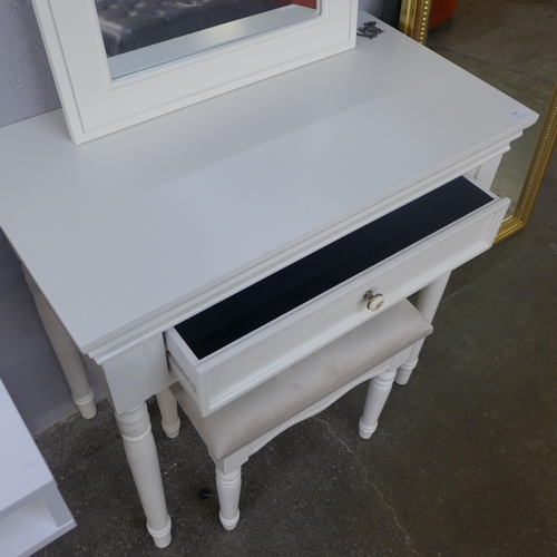 1470 - A Shabby white dressing table with mirror and upholstered stool