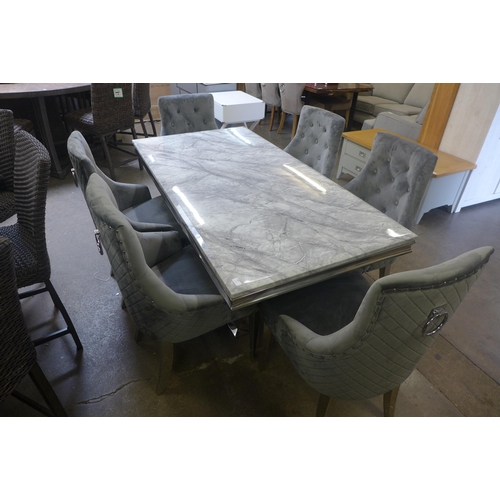 1584 - A Dolce chrome and marble fixed top dining table with a set of six Angeles button back and studded g... 