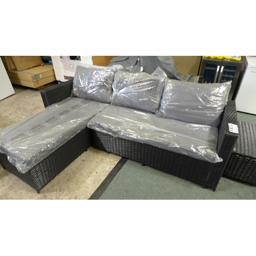 3051 - 3-piece Black rattan corner sofa set with grey cushions and glass topped coffee table