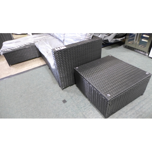 3051 - 3-piece Black rattan corner sofa set with grey cushions and glass topped coffee table