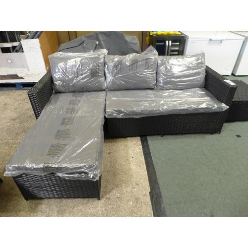 3053 - 3-piece Black rattan corner sofa set with grey cushions and glass topped coffee table * This lot is ... 