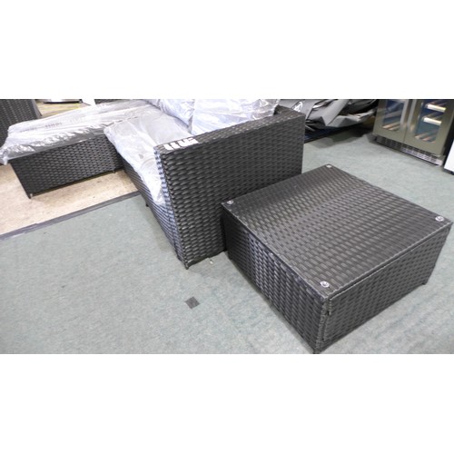 3055 - 3-piece Black rattan corner sofa set with grey cushions and glass topped coffee table * This lot is ... 