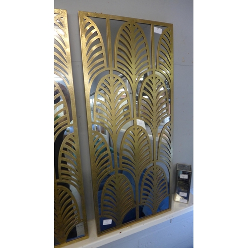 1310 - A rectangular gold metal Art Deco style mirrored wall art, H 90cm x W40 (71-33437)   #