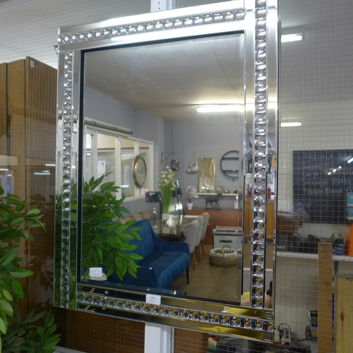 1332 - A bevelled edge silver mirror with decorative acrylic crystals, H 80 x W 60 (PU918GY6829)   #
