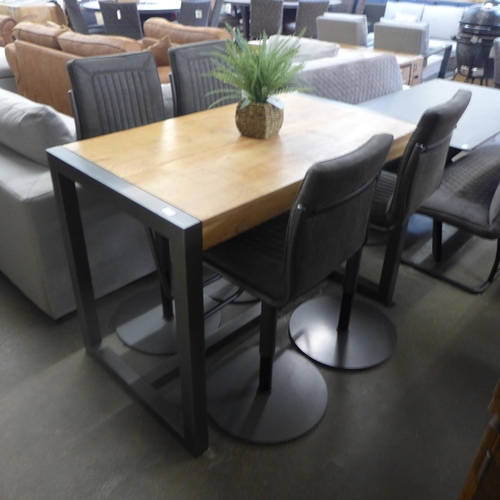 1349 - A Fire 2.0 hardwood and gun metal bar table with a set of four Novo grey leather effect bar stools
