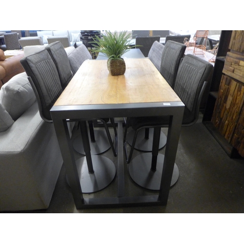 1349 - A Fire 2.0 hardwood and gun metal bar table with a set of four Novo grey leather effect bar stools