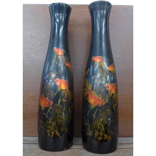 611 - A pair of Japanese lacquered vases decorated with koi, 45.5cm