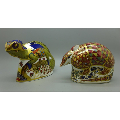 618 - Two Royal Crown Derby paperweights, Armadillo and Chameleon, gold stoppers, red printed marks and Ro... 