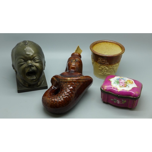 622 - A metal bust of a baby crying, a salt glaze plant pot, continental box, hinge a/f and an earthenware... 