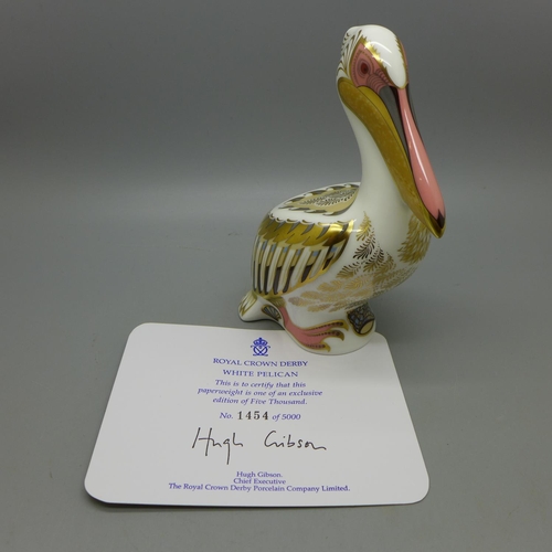 626 - A Royal Crown Derby paperweight, White Pelican, 13cm, number 1,454 of an exclusive limited edition o... 
