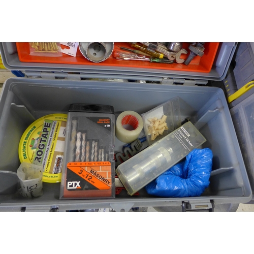 2047 - 2 Plastic tool boxes of hand tools including spanners, hammer, drill bits, etc.