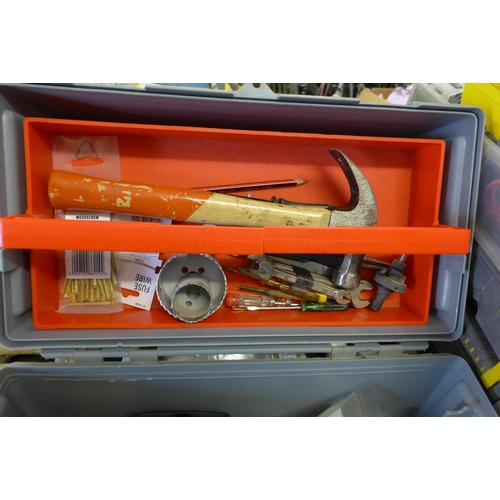 2047 - 2 Plastic tool boxes of hand tools including spanners, hammer, drill bits, etc.