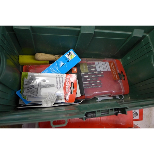 2049 - 2 Plastic tool boxes of hand tools including pliers, screwdrivers, drill bits, etc.