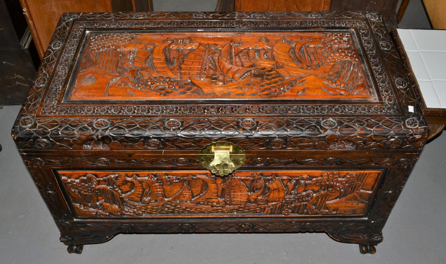 Oriental carved camphor wood chest