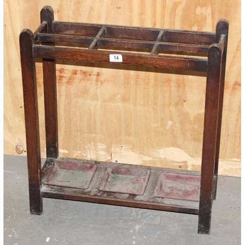14 - Vintage oak umbrella or stick stand with metal trays