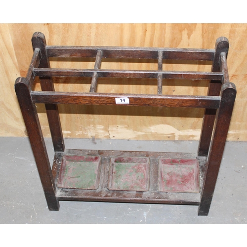 14 - Vintage oak umbrella or stick stand with metal trays