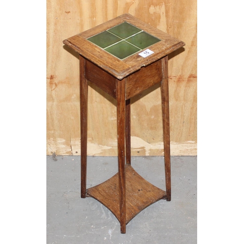 15 - Vintage oak tiled topped plant stand in the manner of Liberty & Co