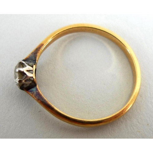 814 - A solitaire diamond ring, on yellow metal band, approx 0.3ct, size M, 2.2g.