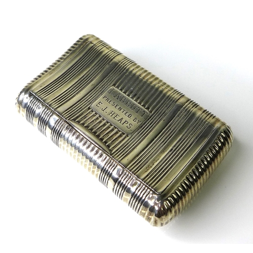 31 - A silver snuff box, possibly Georgian, with line decoration, presentation engraved 'J Abbott present... 