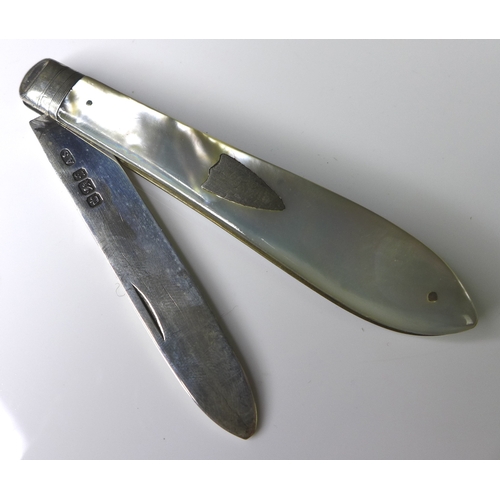 21 - A cased set of folding silver and mother of pearl cutlery, comprising knife and fork.