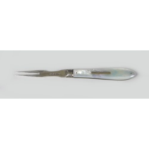 21 - A cased set of folding silver and mother of pearl cutlery, comprising knife and fork.