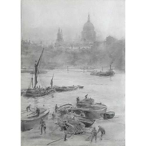 258 - William Lionel Wyllie RA, RE, RI (British, 1851-1931): a view across the Thames, with several boats,... 