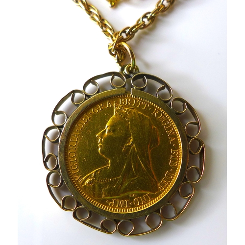 111 - A Victorian gold sovereign, 1894, in 9ct gold mount with 9ct gold chain necklace, 56cm long, 19.2g t... 