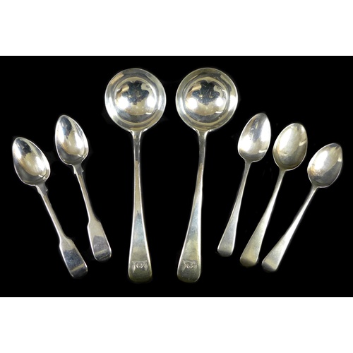 35 - A group of Georgian silver flatware, comprising two George IV sauce ladles William Chawner II, Londo... 