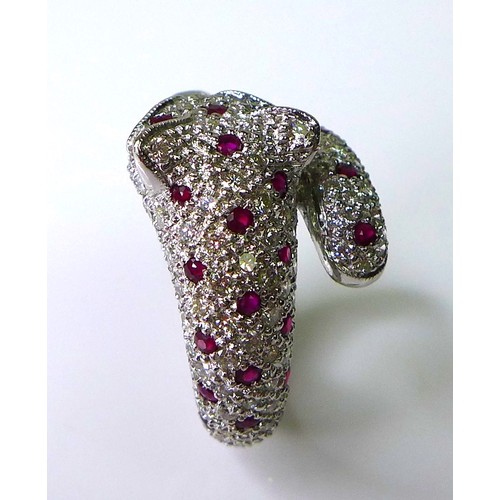 200 - A 18ct white gold, diamond and ruby ring in the form of a coiled panther, by Brooks & Bentley, Londo... 