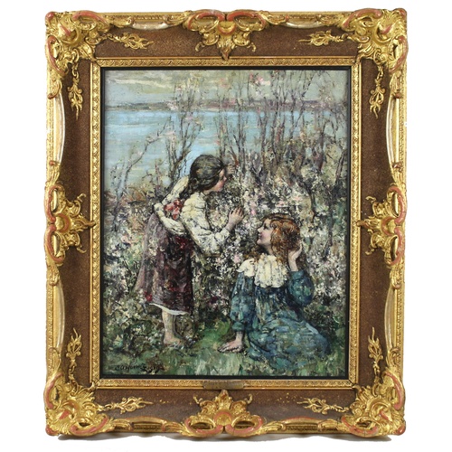 225 - Edward Atkinson Hornel (Scottish, 1864-1933): 'May Blossom', depicting two young girls playing among... 