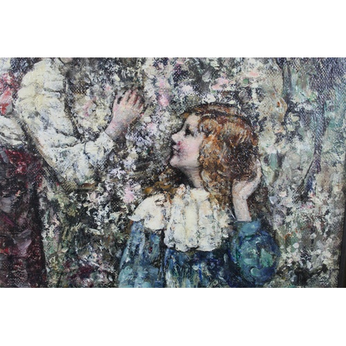 225 - Edward Atkinson Hornel (Scottish, 1864-1933): 'May Blossom', depicting two young girls playing among... 