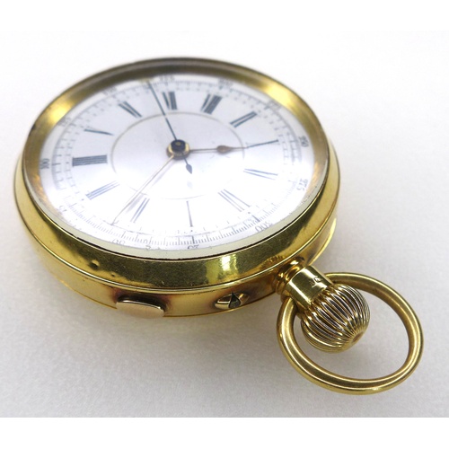 90 - A late Victorian 18ct gold open faced centre seconds chronograph pocket watch, keyless wind, the whi... 