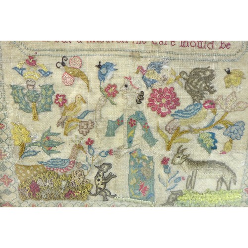 104 - A 17th or 18th century sampler, with text reserve 'Immortal made what should we mind so much as Immo... 