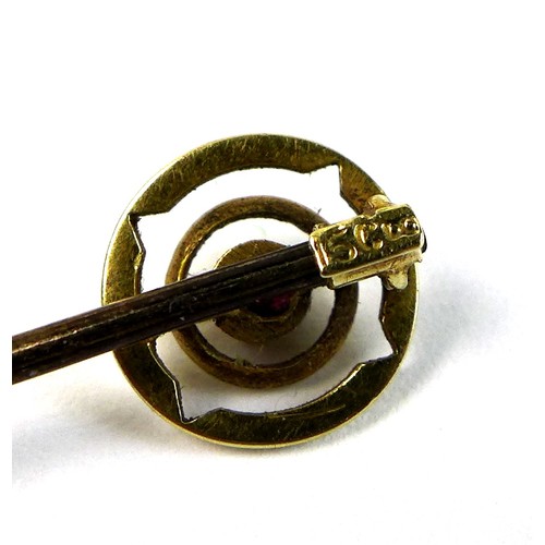 263 - A 15ct gold topped stick pin with ruby style stone, 2mm diameter, and white metal pin, 5.5cm long, t... 