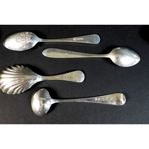94 - A group of Georgian and later silver flatwares comprising a pair of sugar tongs, Josiah Williams & C... 