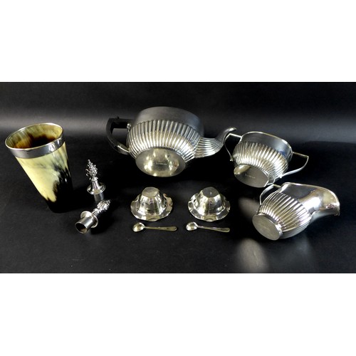 3 - A group of silver plated items, comprising a 19th century horn beaker with shield shaped cartouche a... 