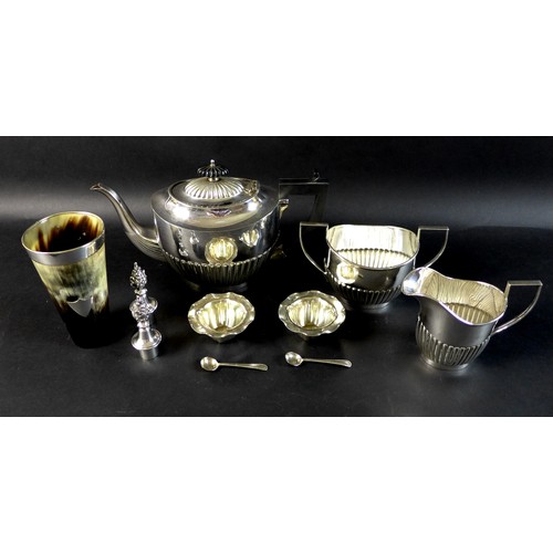 3 - A group of silver plated items, comprising a 19th century horn beaker with shield shaped cartouche a... 